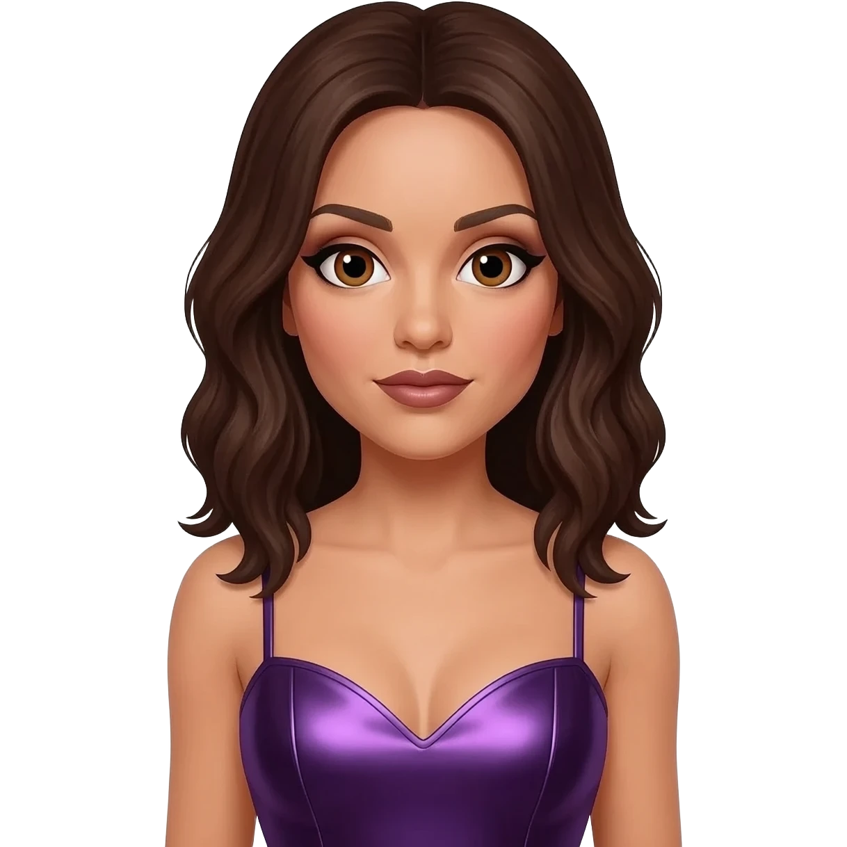 Posh Spice from Spice Girls with brown eyes, dark brown hair, dark purple metallic sweetheart dress emoji
