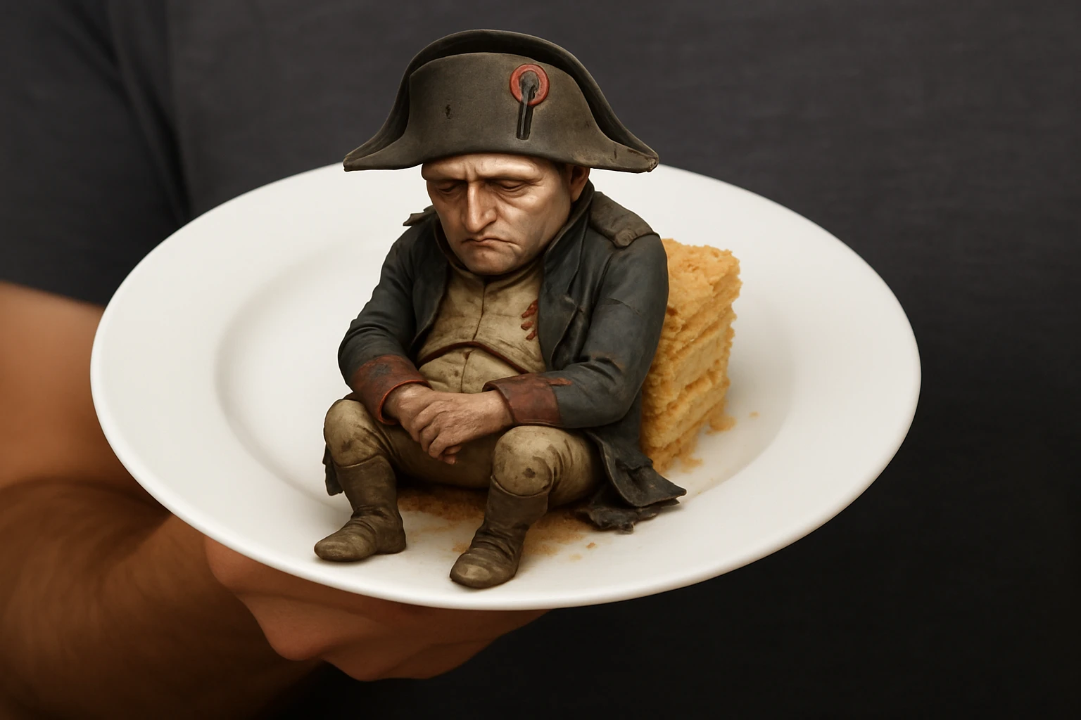 Сгенерируй мне такую же тарелку, в таком же расположение, но на ней сидит грустный наполеон бонапарт в чуть рваной одежде, как будто он повержен emoji
