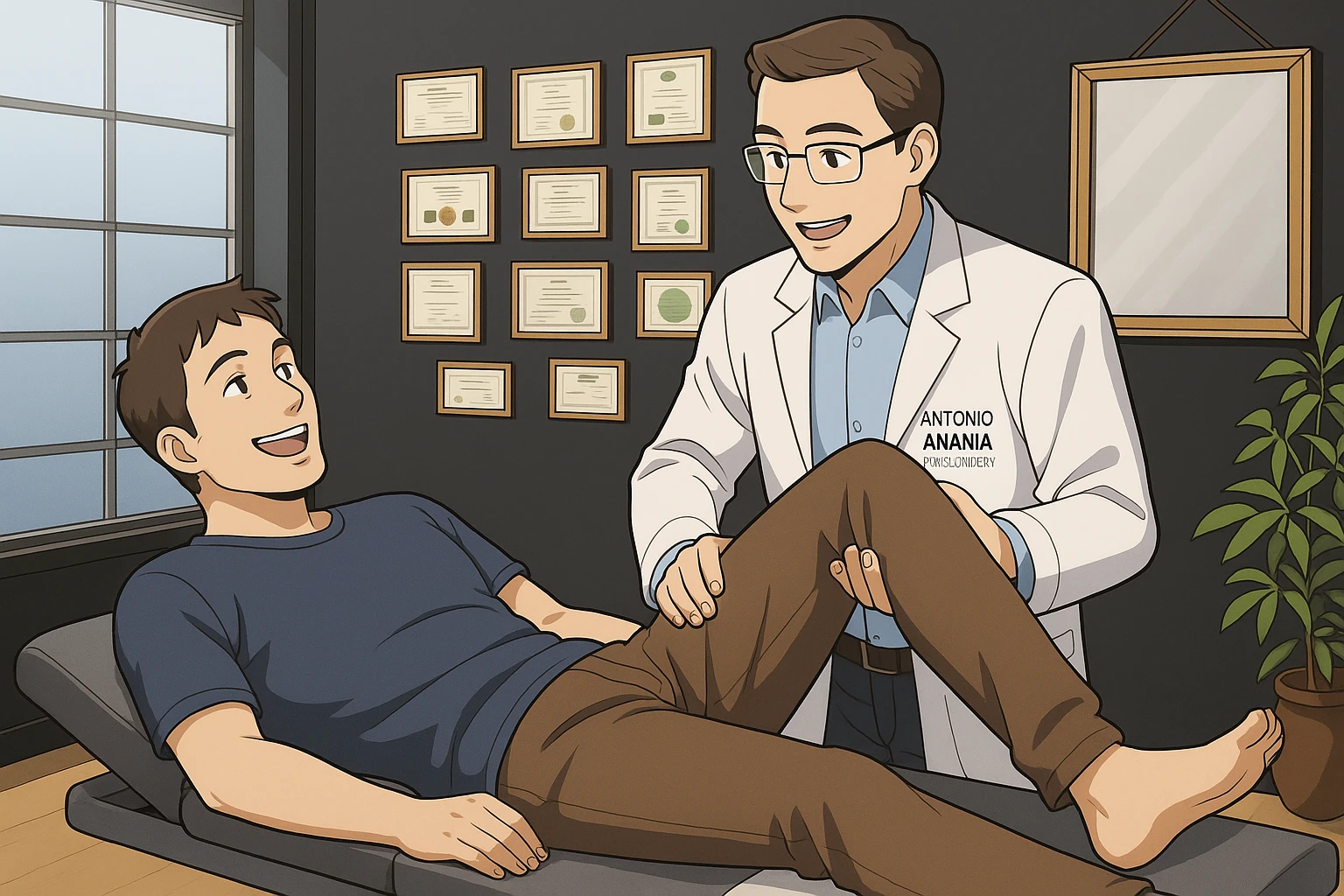 su questo lettino rappresenta un webtoon manga a colori con questo stile, in cui un uomo è steso sul lettino medico e il kinesiologo con il camice bianco (fagli anche la scritta "ANTONIO ANANIA" SUL CAMICE, gli solleva una gamba per fargli il test neuromuscolare, IL KINESIOLOGO SPIEGA ALL'UOMO UNA cosa mentre gli alza la gamba. l'espressione dell'uomo è felice e soddisfatta, non fare i fumetti però, fai solo in modo che sembri stiano parlando emoji