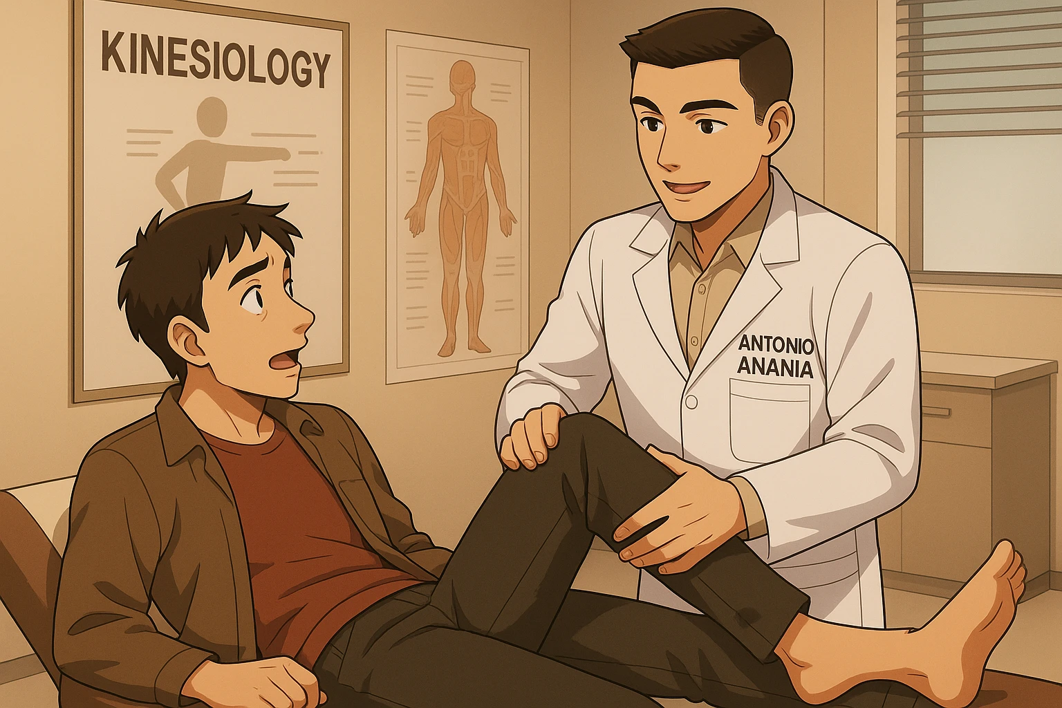 fai un webtoon manga a colori con questo stile, in cui un uomo è steso sul lettino medico e il kinesiologo con il camice bianco (fagli anche la scritta "ANTONIO ANANIA" SUL CAMICE, gli solleva una gamba per fargli il test neuromuscolare, IL KINESIOLOGO SPIEGA ALL'UOMO UNA cosa mentre gli alza la gamba. non fare i fumetti però, fai solo in modo che sembri stiano parlando emoji