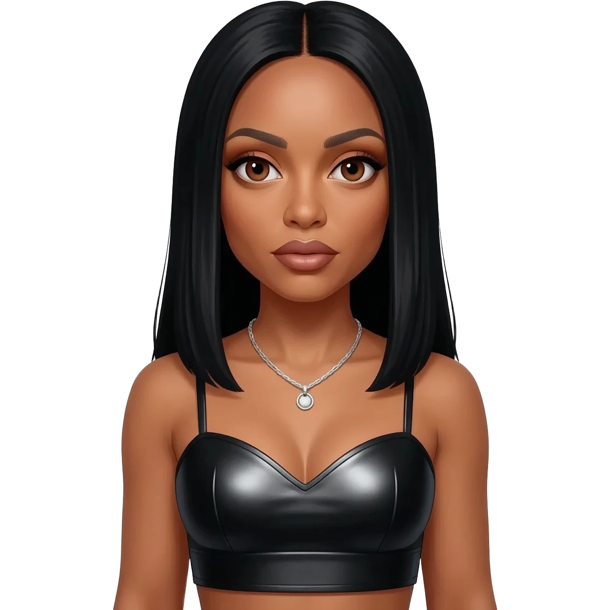 Aaliyah with brown eyes, long straight black hair, black metallic sweetheart crop top, silver necklace emoji
