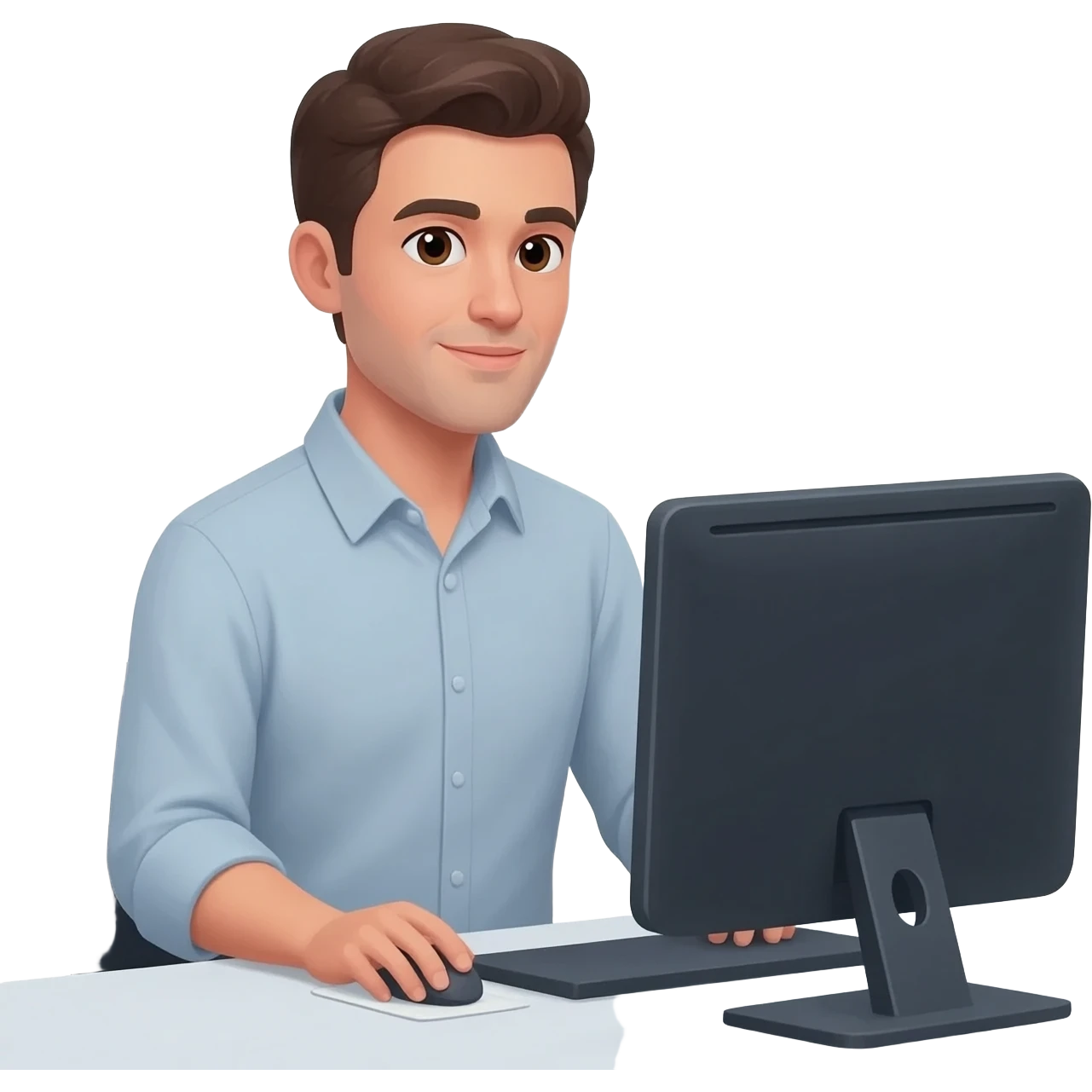 Hombre camisa manga larga en escritorio con pc sin taza de cafe emoji