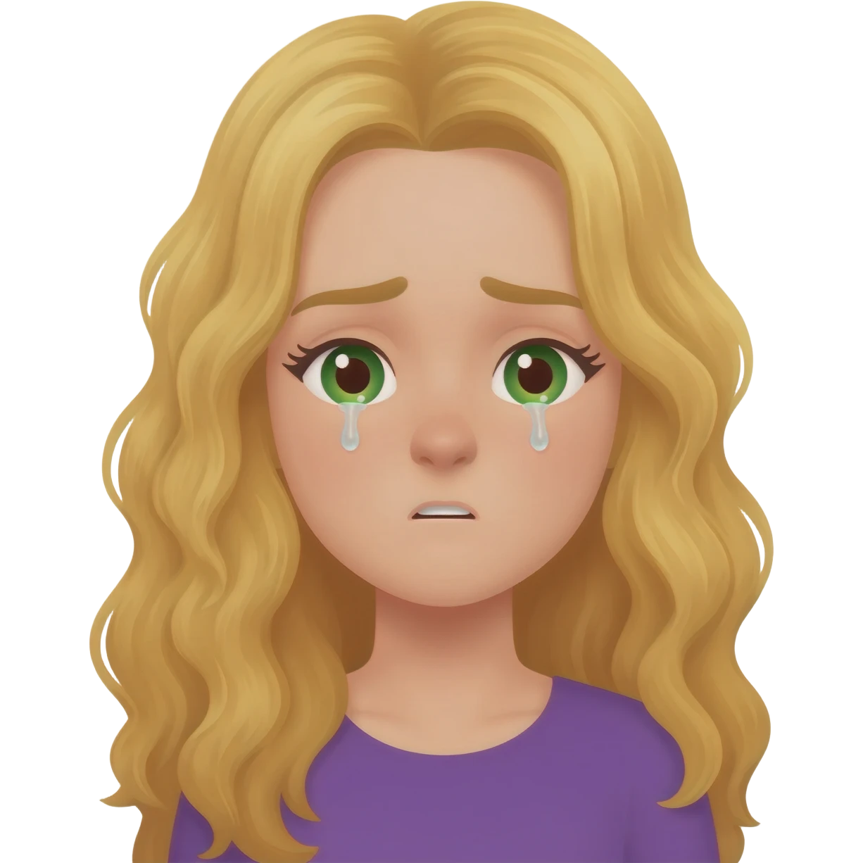 lady with long wavy blonde hair, purple top, green eyes, sneezing with tearful eyes emoji