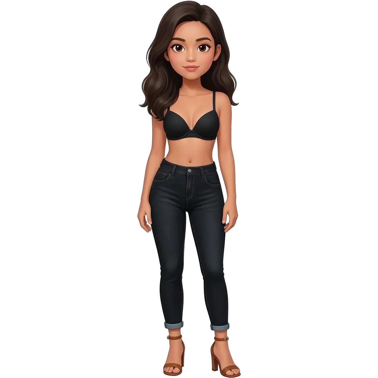 Filipino girl black bra  top and high waisted black jeans  with feet stand straight body wear  high heels sandals brown stand straight emoji