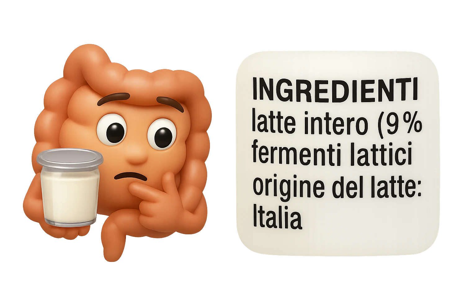 EMOJI STILE IPHONE 3D DI UN INTESTINO CHE HA IN MANO UN BARATTOLO DI YOGURT CONFEZIONATO DA SUPERMERCATO E LEGGE L'ETICHETTA NUTRIZIONALE CON GLI INGREDIENTI IN ITALIANO, ACCANTO ALLO YOGURT CHE HA IN MANO C'è UN FOCUS SULL'ETICHETTA CON GLI INGREDIENTI SCRITTI emoji