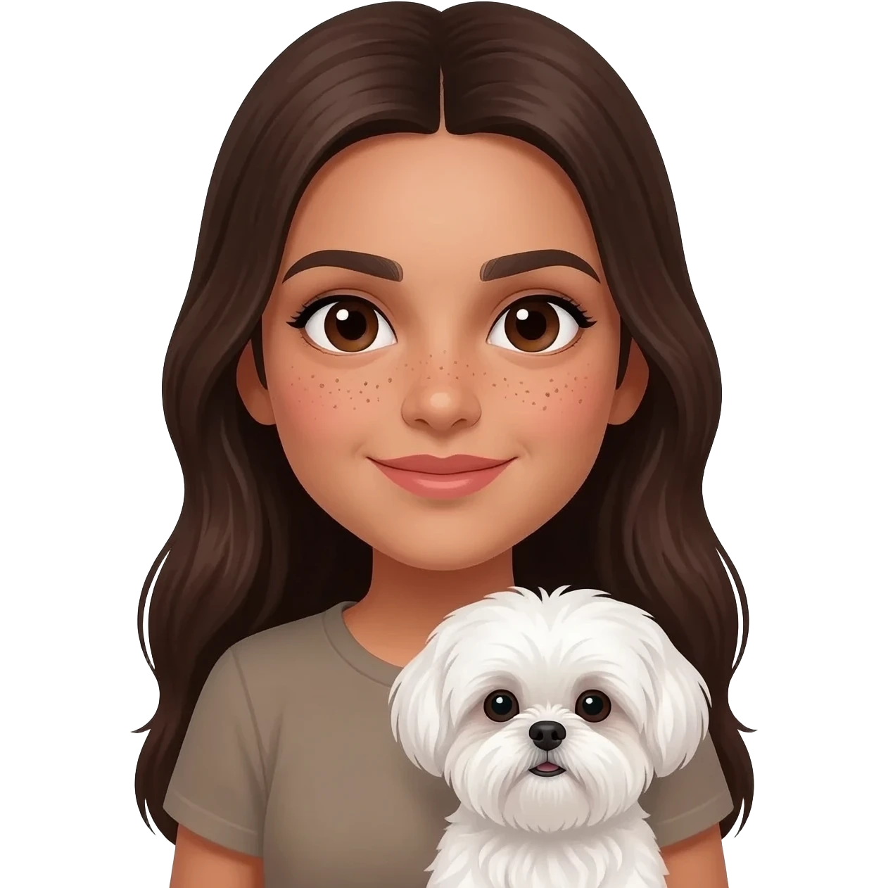 Tanned middle eastern Brunette girl with long hair and beauty spots under her lip and below her eyes, holding white shih tzu emoji