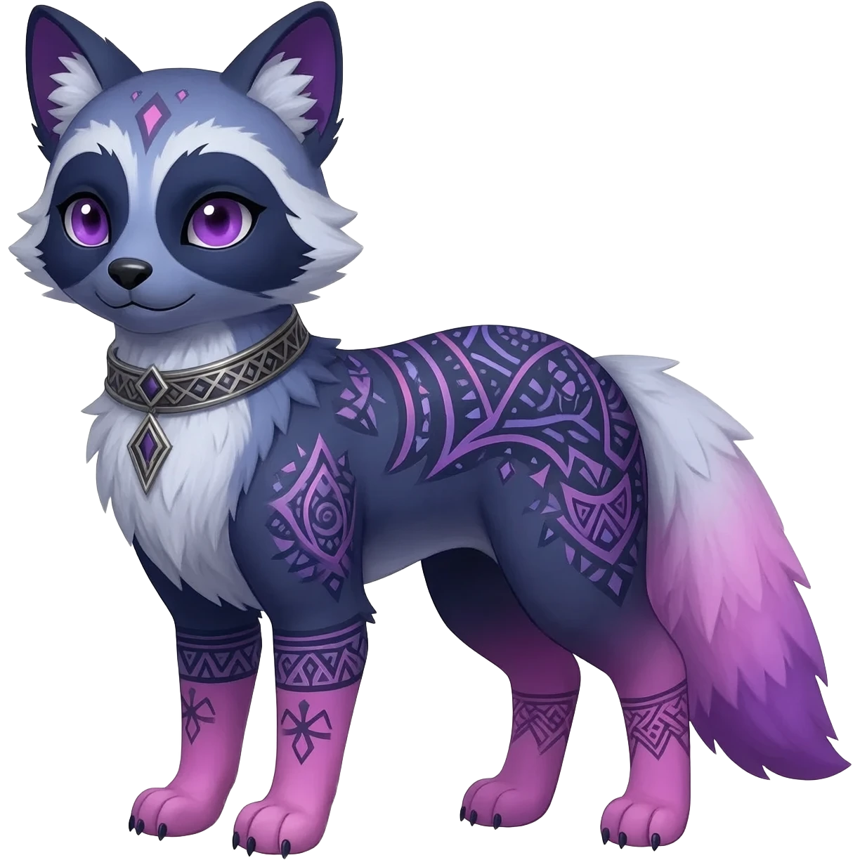 Rare colorful bluish purplish pinkish gradients furry fuzzy silvery exotic cute epic aesthetic gothic colorful Salandit-Eevee-Civet-species-Fakemon-hybrid-creature, with a collar, and with intricate tribal markings, full body emoji