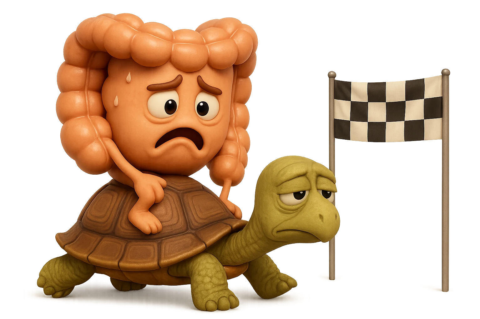  EMOJI STILE IPHONE 3D DI UN INTESTINO CON ESPRESSIONE ANGOSCIATA CHE CAMMINA SEDUTO IN GROPPA SUL GUSCIO DI UNA TARTARUGA IN ATTESA ESTENUANTE DI RAGGIUNGERE UN TRAGUARDO POCO PIù AVANTI, SULLA LORO DESTRA. IL TRAGUARDO è UNA BANDIERA A DUE PIEDI CON FASCIA A SCACCHI BIANCHI E NERI. iperrealistico 4k emoji