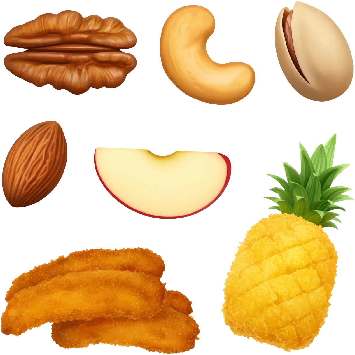 aesthetic ios 18 style different types of nuts such as walnuts, cashews, pistachios, ..., different fried fruits, .... emoji