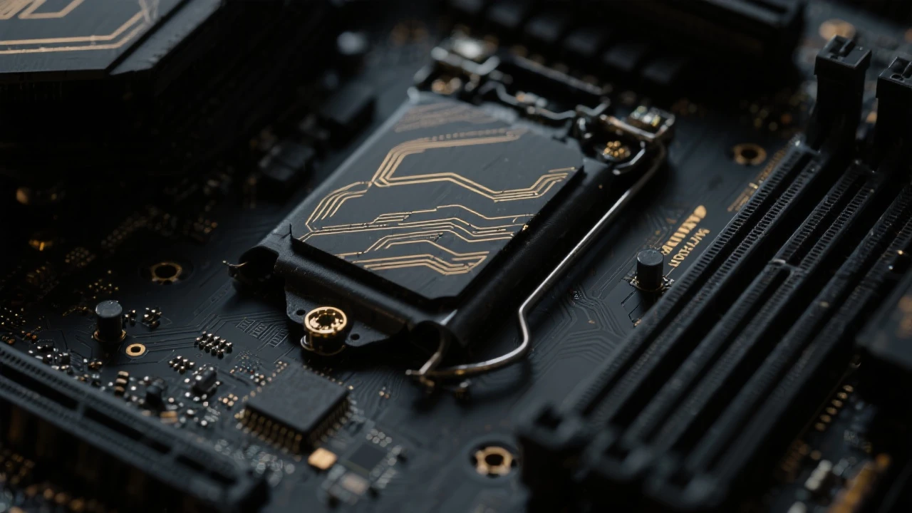 Closeup of black motherboard with subtle gold etchings in moody, dark lighting. emoji