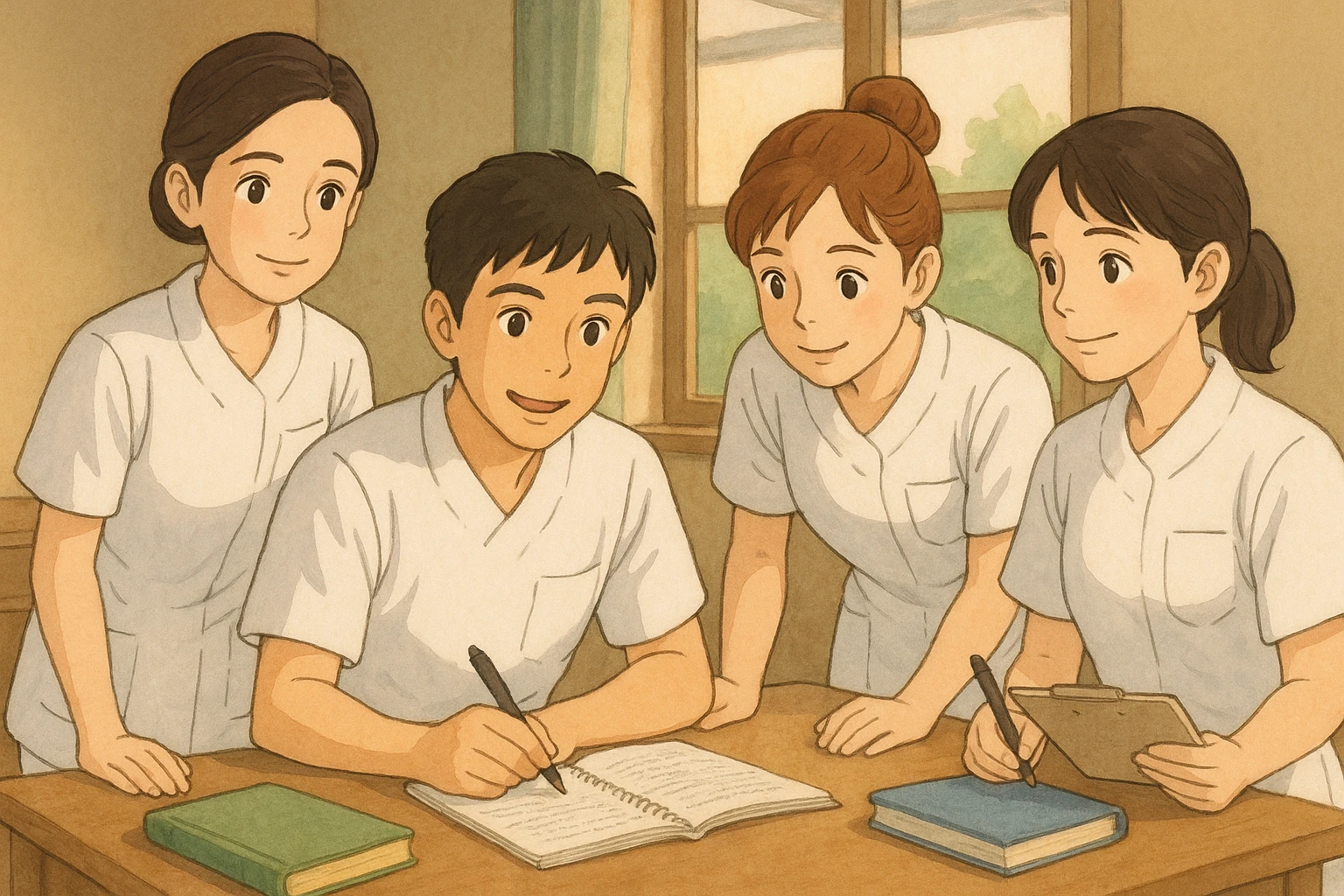 Groupe de quatre étudiants infirmiers, style Ghibli, en train de collaborer à l'intérieur. Uniformes blancs, manches courtes, tuniques col en V, poche poitrine à gauche, avant-bras nus, pas de pied de col ni stéthoscopes, cheveux longs attachés pour celles qui en ont. Visages inspirés des quatre photos jointes. emoji