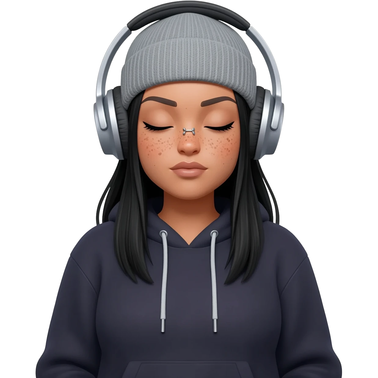 White curvy female with freckles, long straight black hair wearing a beanie and hoodie and nose piercings listening to music emoji