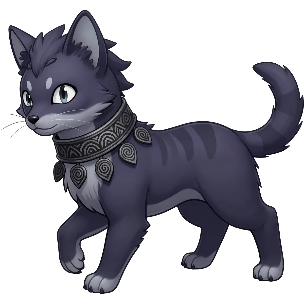 Rare dark dusky dull-colored exotic edgy cool epic aesthetic gothic emo Salandit-Litten-Furfrou-Houndoom-Civet-species-Fakemon-hybrid-creature, with a collar, and with intricate tribal markings, full body emoji