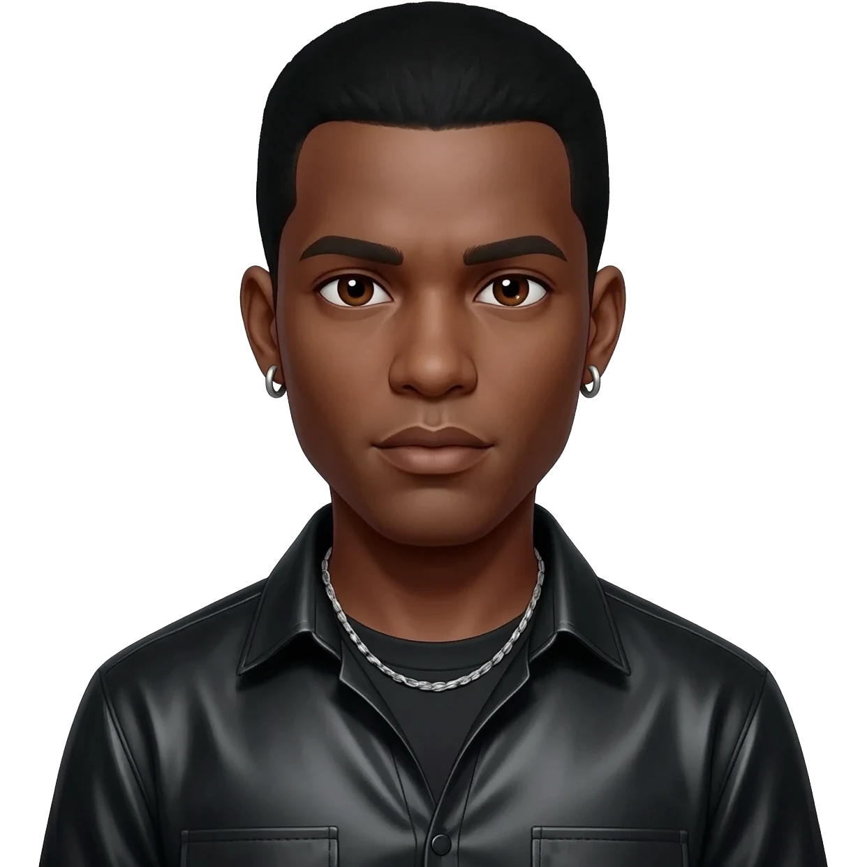 Keith Sweat with dark brown eyes, black hair, black metallic shirt, silver necklace and short earrings emoji