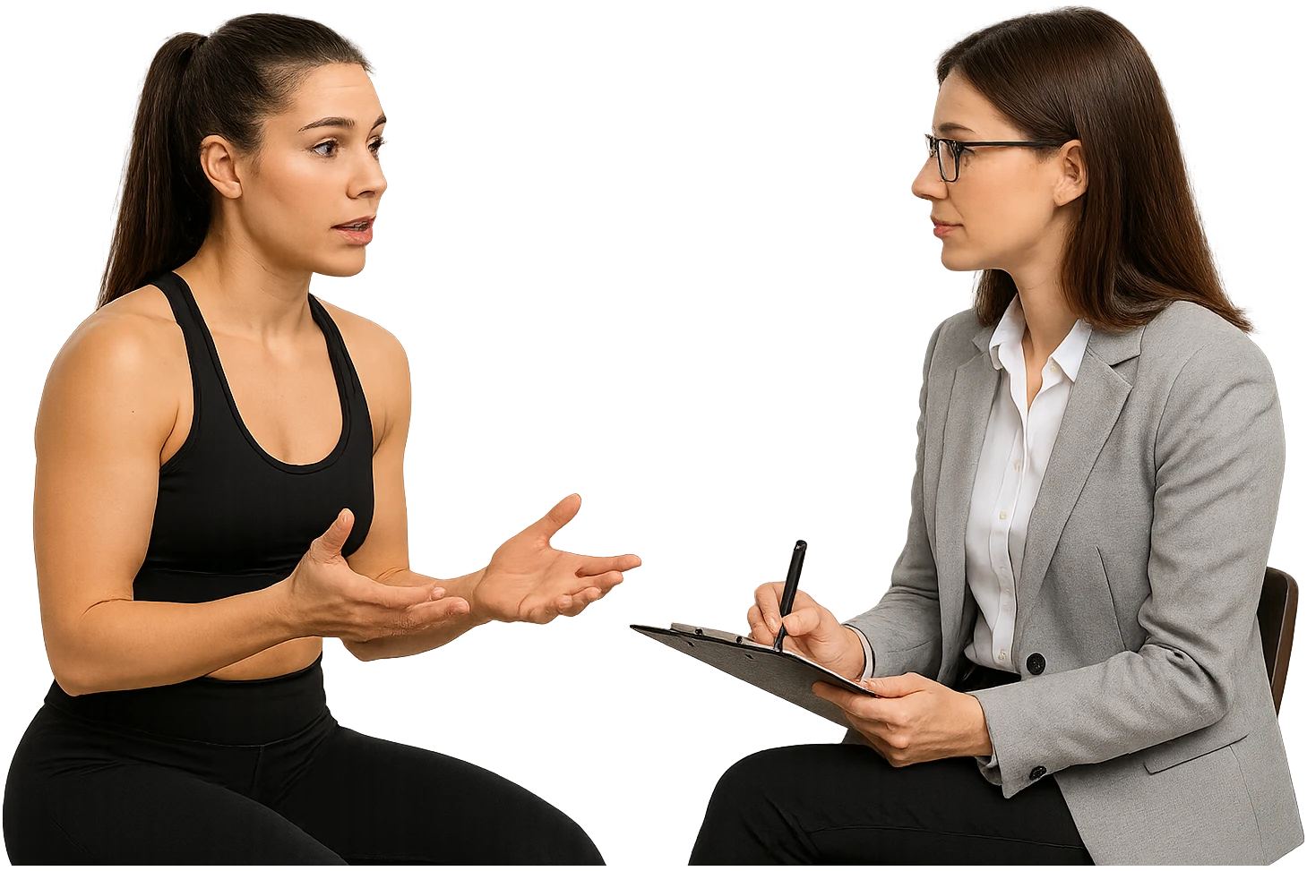 donna fitness parla con uno psicologo, sfondo bianco emoji