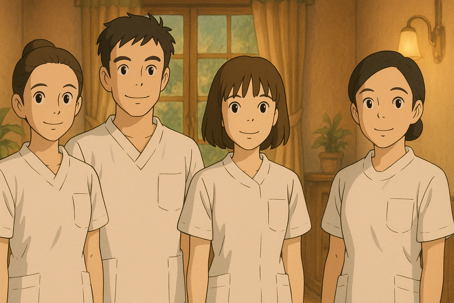 four nursing students standing side by side, resembling four provided faces, wearing white short-sleeve medical uniforms with V-neck, left chest pocket, no collar, no undershirt, no stethoscope, warm indoor ambiance, Ghibli style emoji