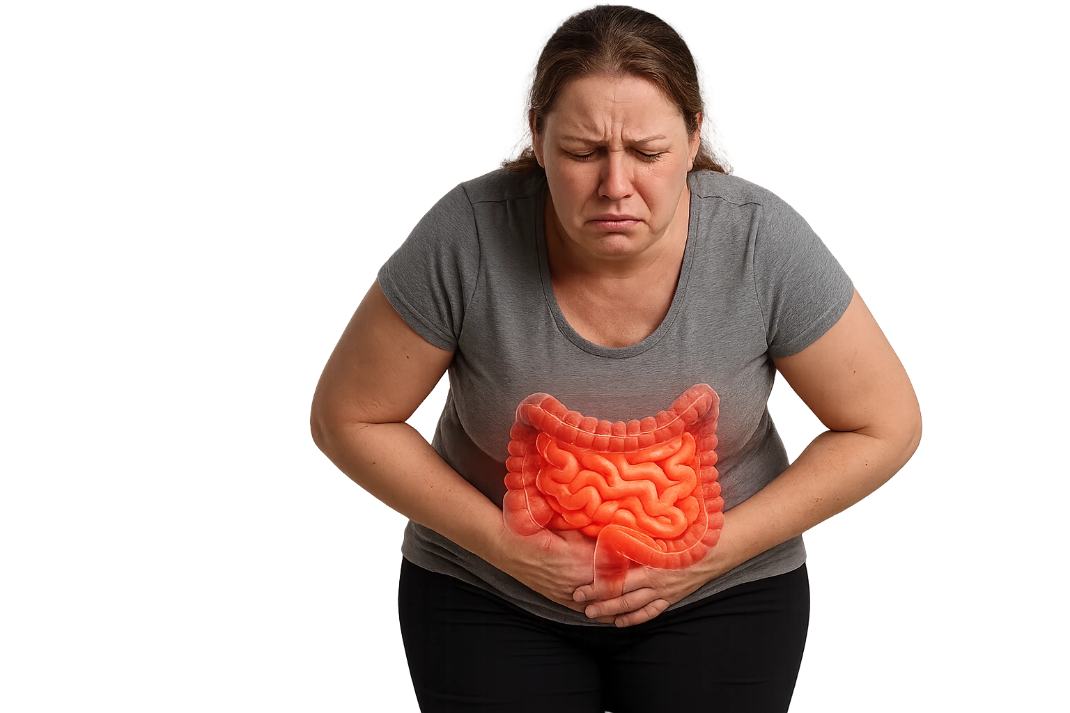 DONNA LEGGERMENTE SOVRAPPESO PIEGATA IN AVANTI FRONTALMENTE CON INTESTINO ANATOMICO IN EVIDENZA, MAL DI PANCIA iperrealistico 4k emoji