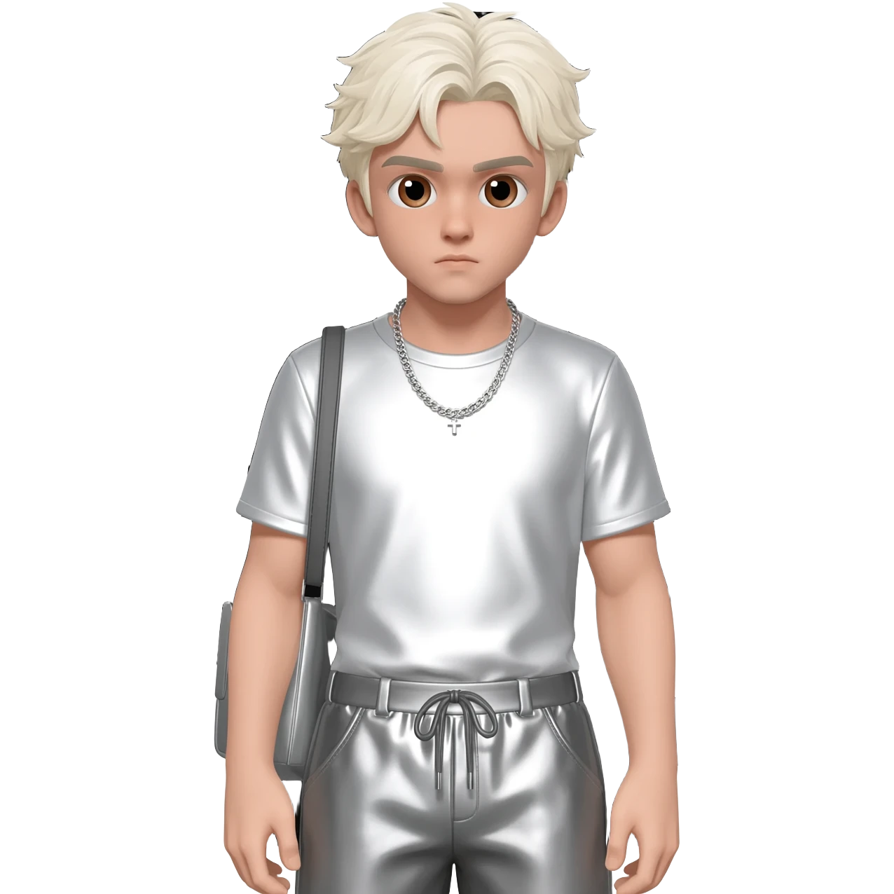 XQC with brown eyes, platinum blonde hair, white metallic t-shirt, gray metallic baggy pants, silver necklace emoji
