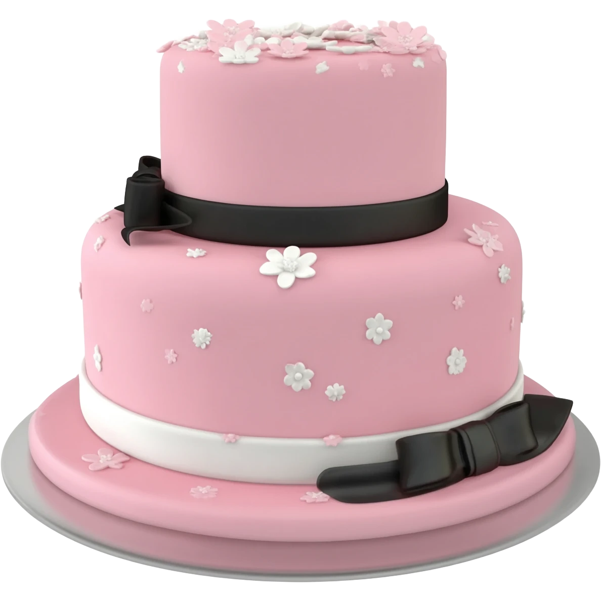 Pastel pink shaped birthday cake with black and white bows and flowers emoji