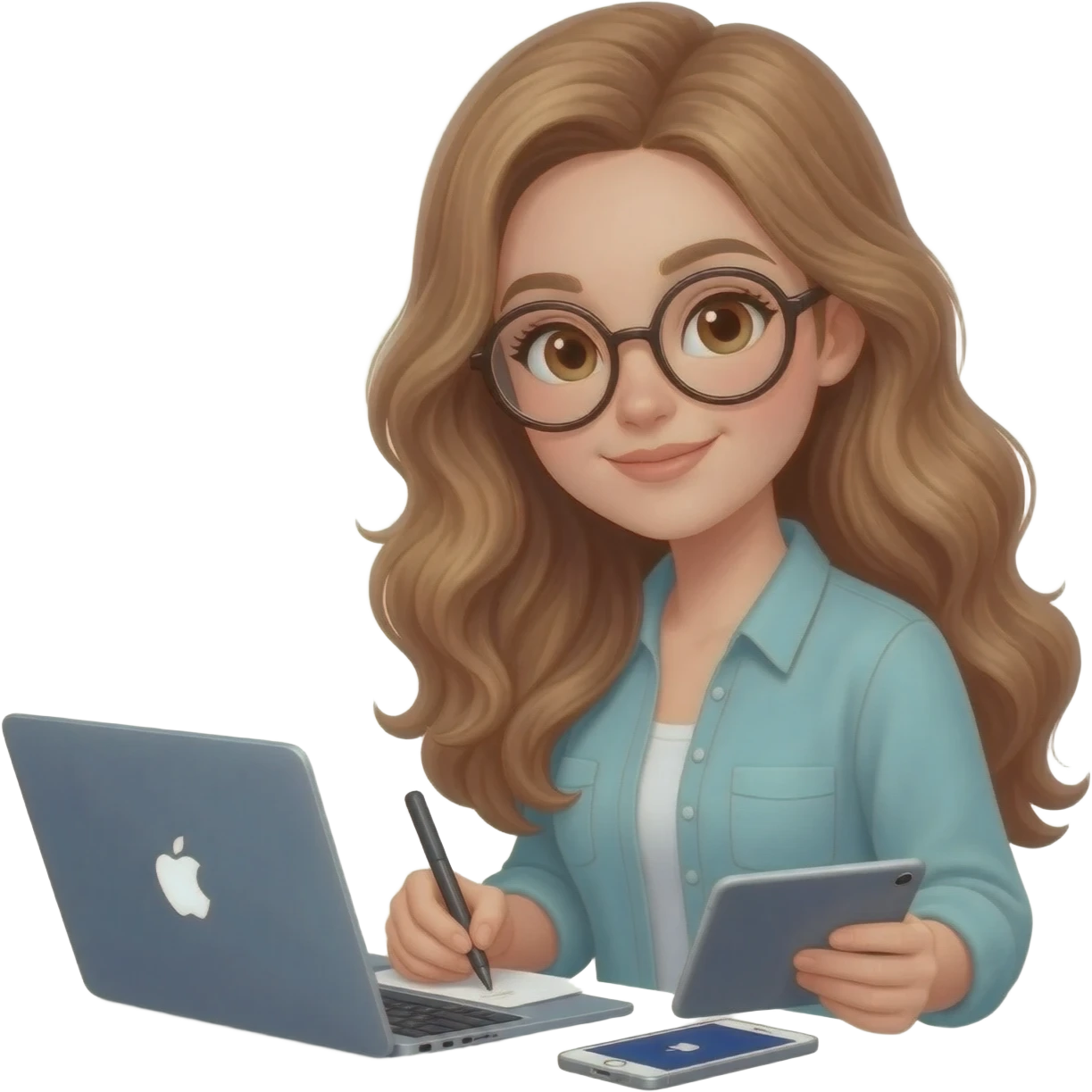 detailed emoji illustration of a woman with long light brown wavy hair and light brown eyes wearing round glasses, writing her book on a MacBook, with an iPad and an iPhone next to her, focused writing atmosphere, emoji style emoji
