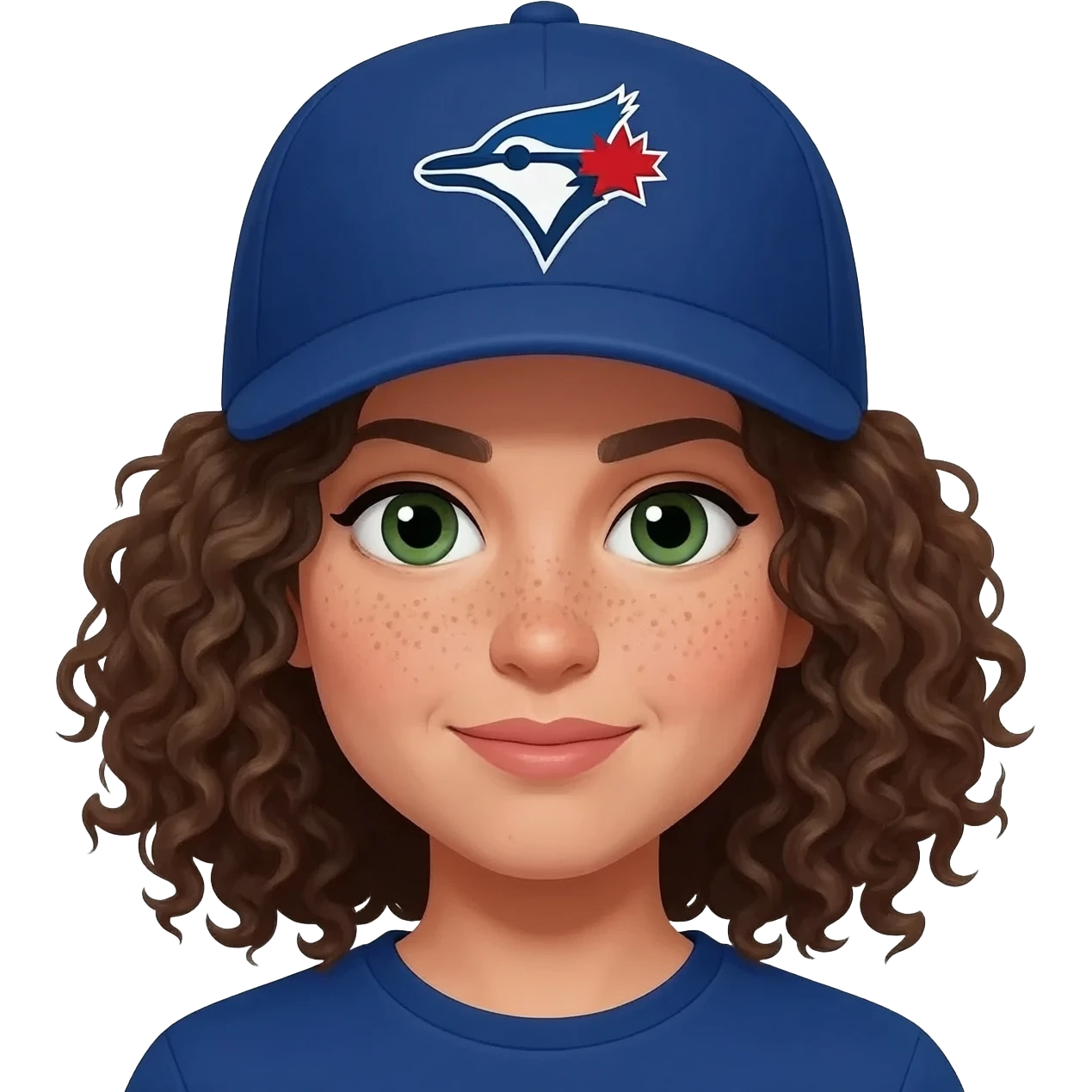 mid sized woman with curly hair and dark green eyes, light skin with some freckles wearing a toronto blue jays hat emoji