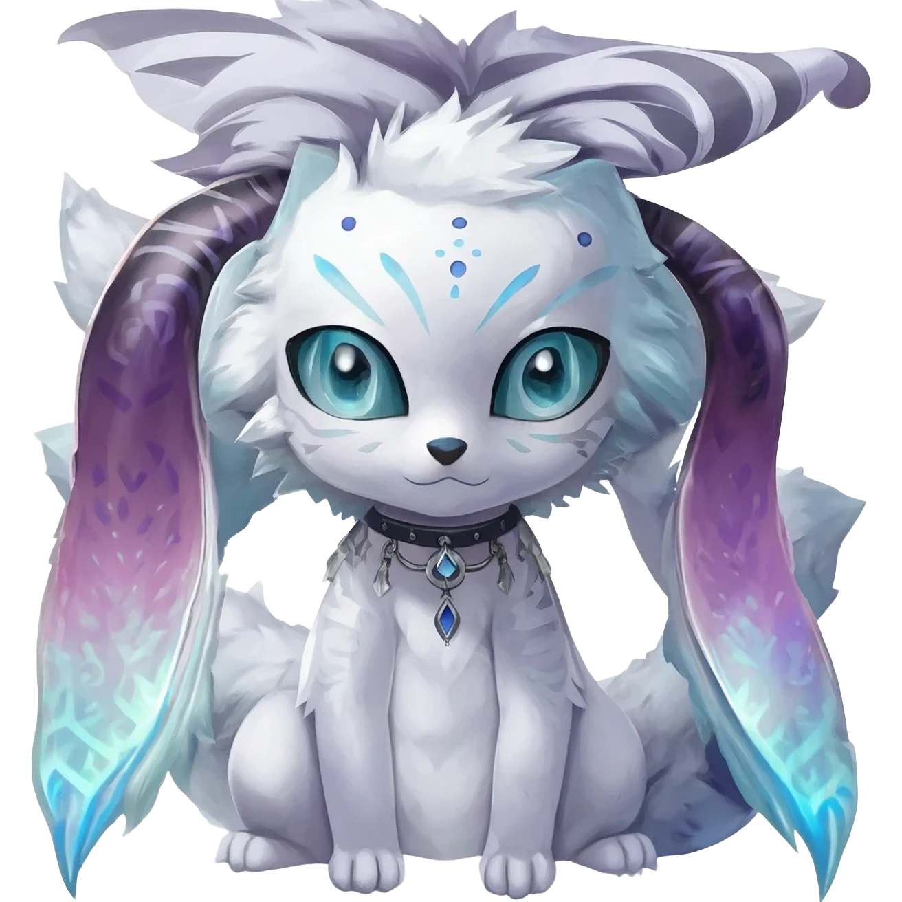 Rare white exotic cute epic aesthetic gothic colorful Salandit-Litten-Furfrou-Sylveon-Civet-species-Fakemon-hybrid-creature, with a collar, and with intricate tribal markings, full body emoji