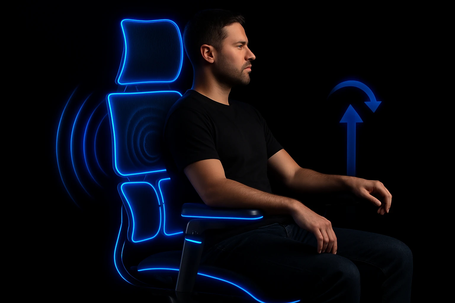 Youtube thumbnail of person using ergonomic chair, black solid background, neon light, closeup showing details of ergonomic chair, symmetrical emoji