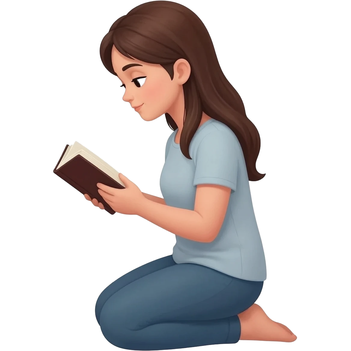 нарисуй девушку, читающую библию  на коленях ей    20 - 25 лет с боку  emoji