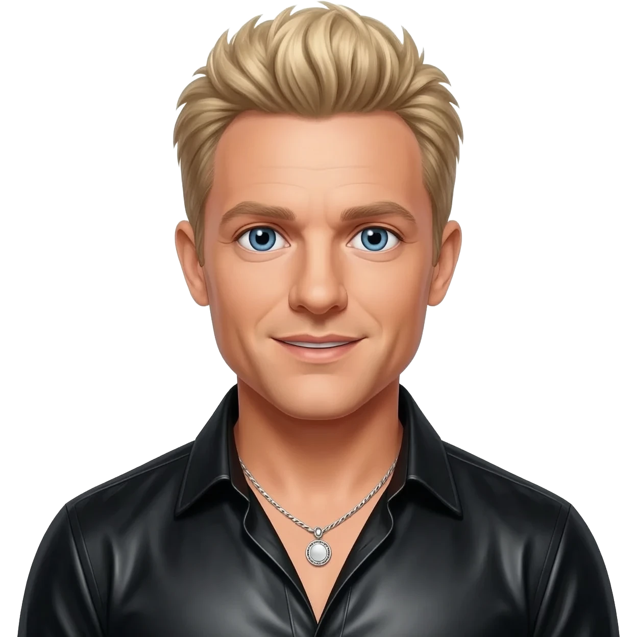 Brian McFadden from Westlife with blue eyes, blonde hair, black metallic shirt, silver necklace emoji