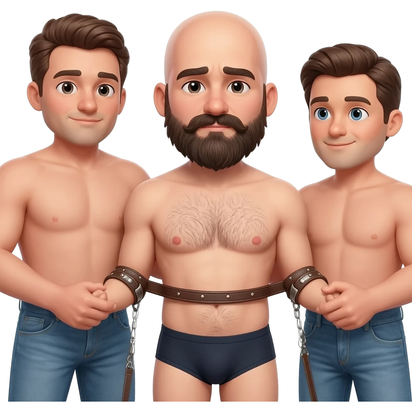 Bald 35 year old man with mustache and beard in underwear and slightly hairy chest put on a leash by 2 men in jeans emoji