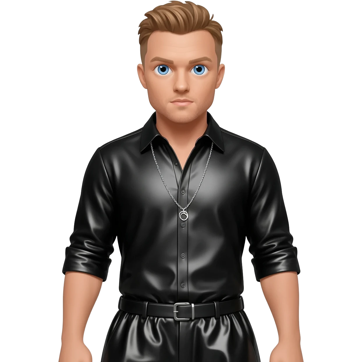 Justin Timberlake with blue eyes, light brown hair, black metallic shirt, black metallic baggy pants, silver necklace emoji