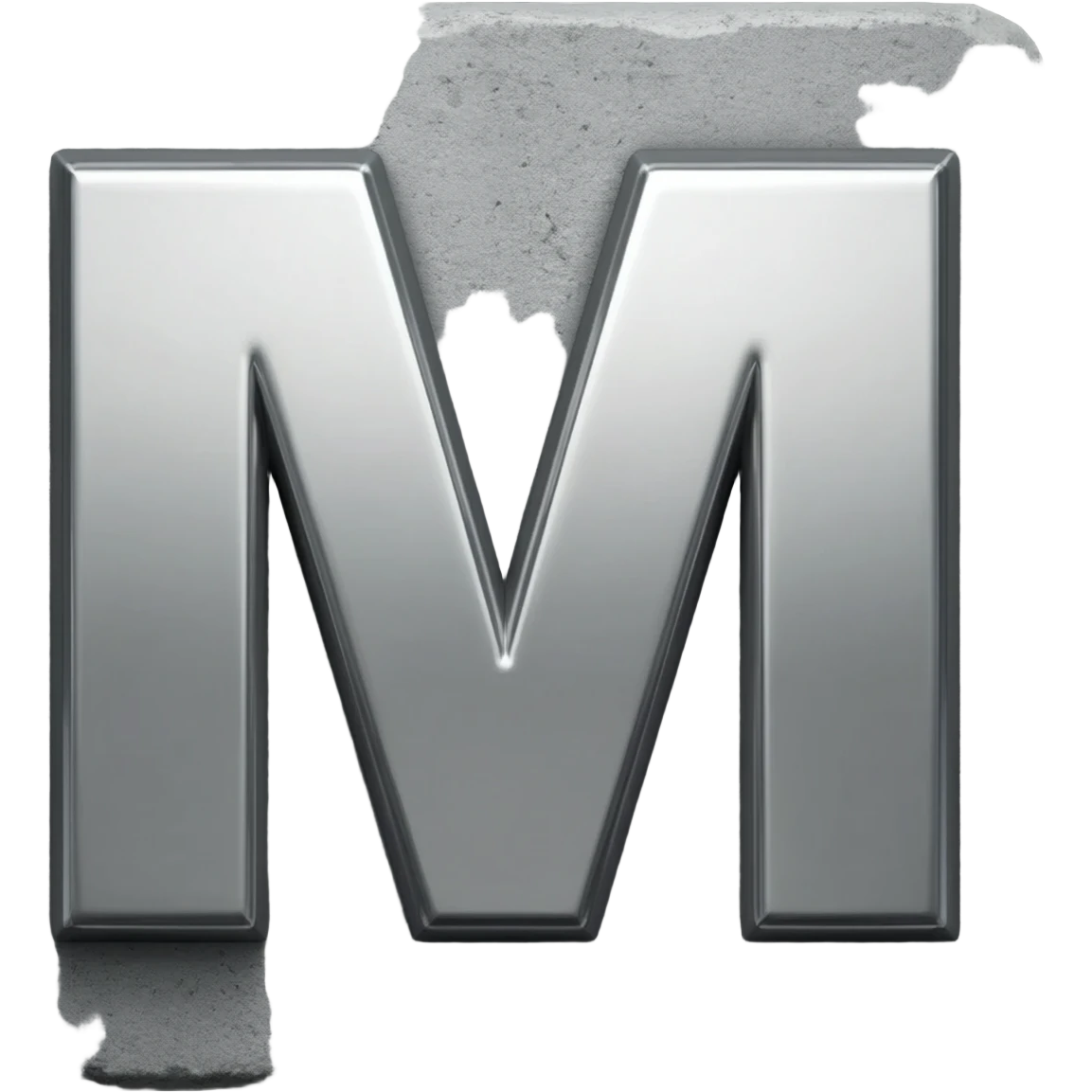 Minimalist 3D emoji based on image_e44ce5.png: massive polished chrome geometric 'M' raised metal relief, integrated central on deeply impressed bare heel in rough grey concrete. Harsh shadows, high contrast emoji