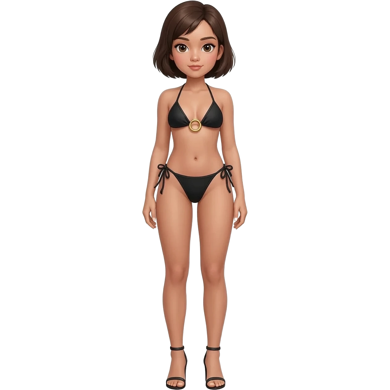 Filipino girl black triangle top gold o ring top bikini and tie tanga bikini bottom full body slim stand straight with high heels sandals brown short hair emoji
