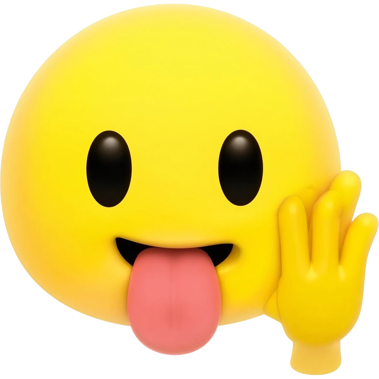 Make a emoji the is like a classic iPhone emoji so it is yellow and make it so the emoji is telling a secret so the hand is right next to the mouth but make the tongue stick out and make the head a circle with no body and the hand is open turned to the side emoji