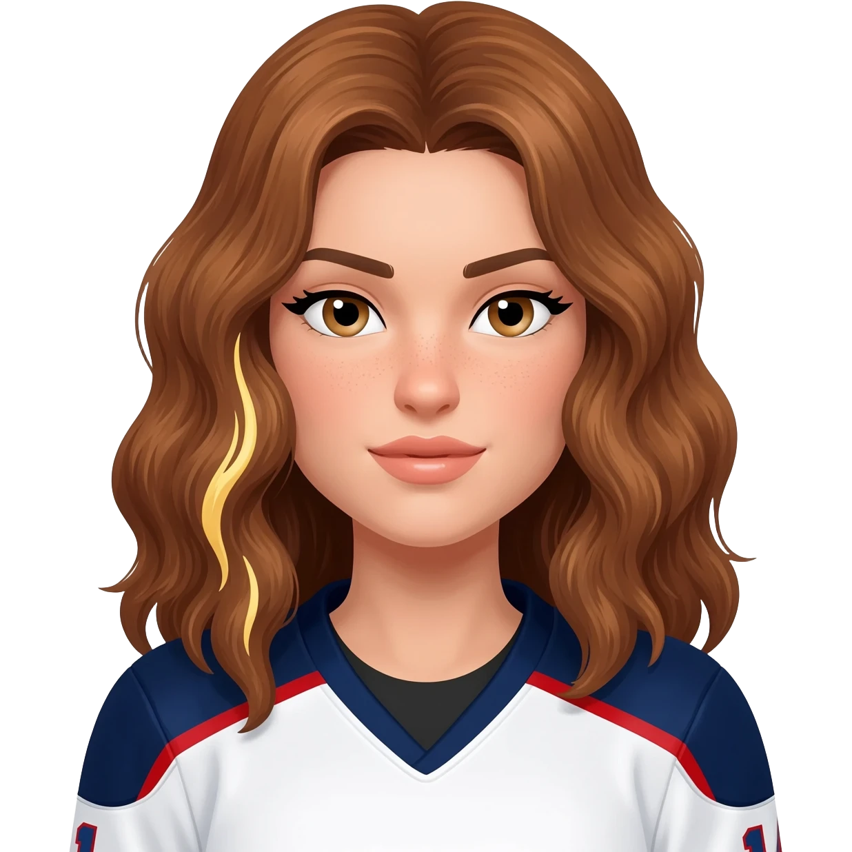Una chica jugadora de hockey pelo castaño ondulado con mechas rubias una en el lado izquierdo debajo de una capa de pelo y la otra detras y tiene un cuerpo de atleta emoji