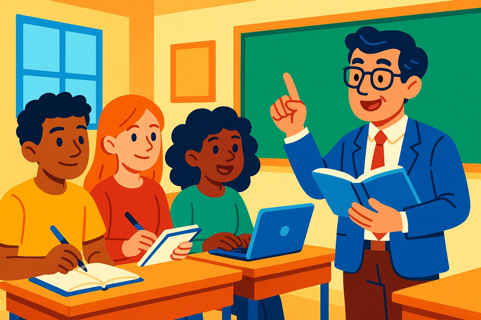 group of four students with notebook and laptop, listening to a professor, studious atmosphere, colorful cartoon style emoji