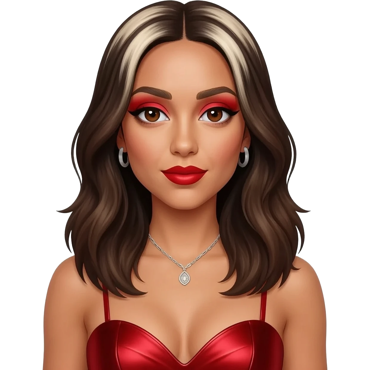 Jade Thirlwall from Little Mix with brown eyes, long dark brown hair with white blonde highlights, red eyeshadow and lipstick, red metallic sweetheart dress, silver necklace with earrings emoji