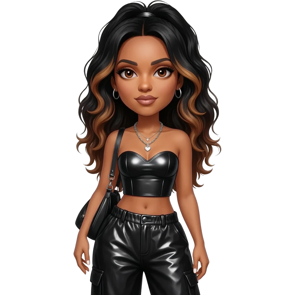 Aaliyah with brown eyes,  jet black hair with brown highlights, black metallic sweetheart crop top, black metallic baggy pants, silver necklace emoji