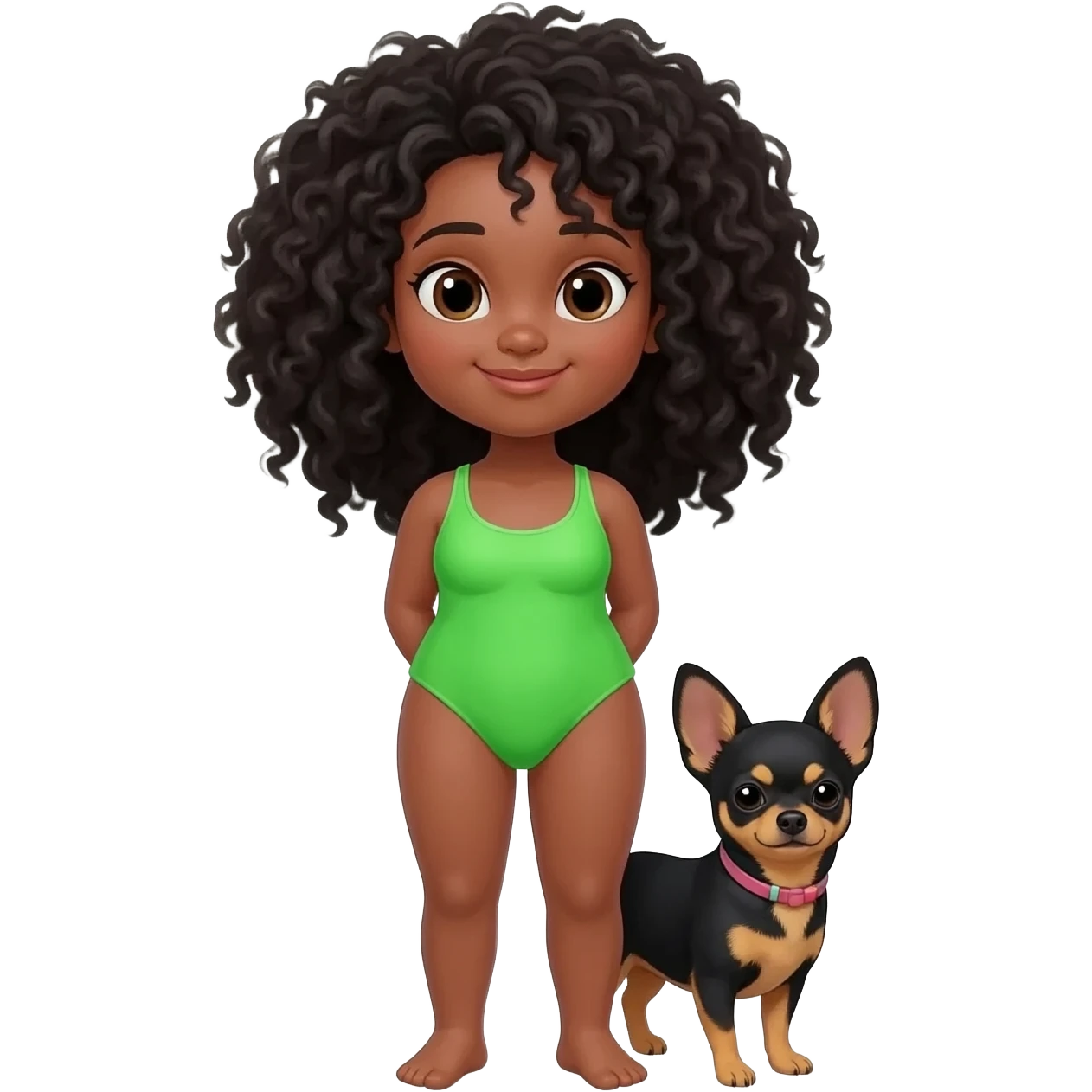 Une fille. Cheveux bouclée. Porte à maillot. Vert. Avec un chihuahua noir marron poil courut c'est une fille daisy et pour finir par apprend dans les brastous les 2. Avec sa maîtresse avec. Et moi mmatichienne emoji