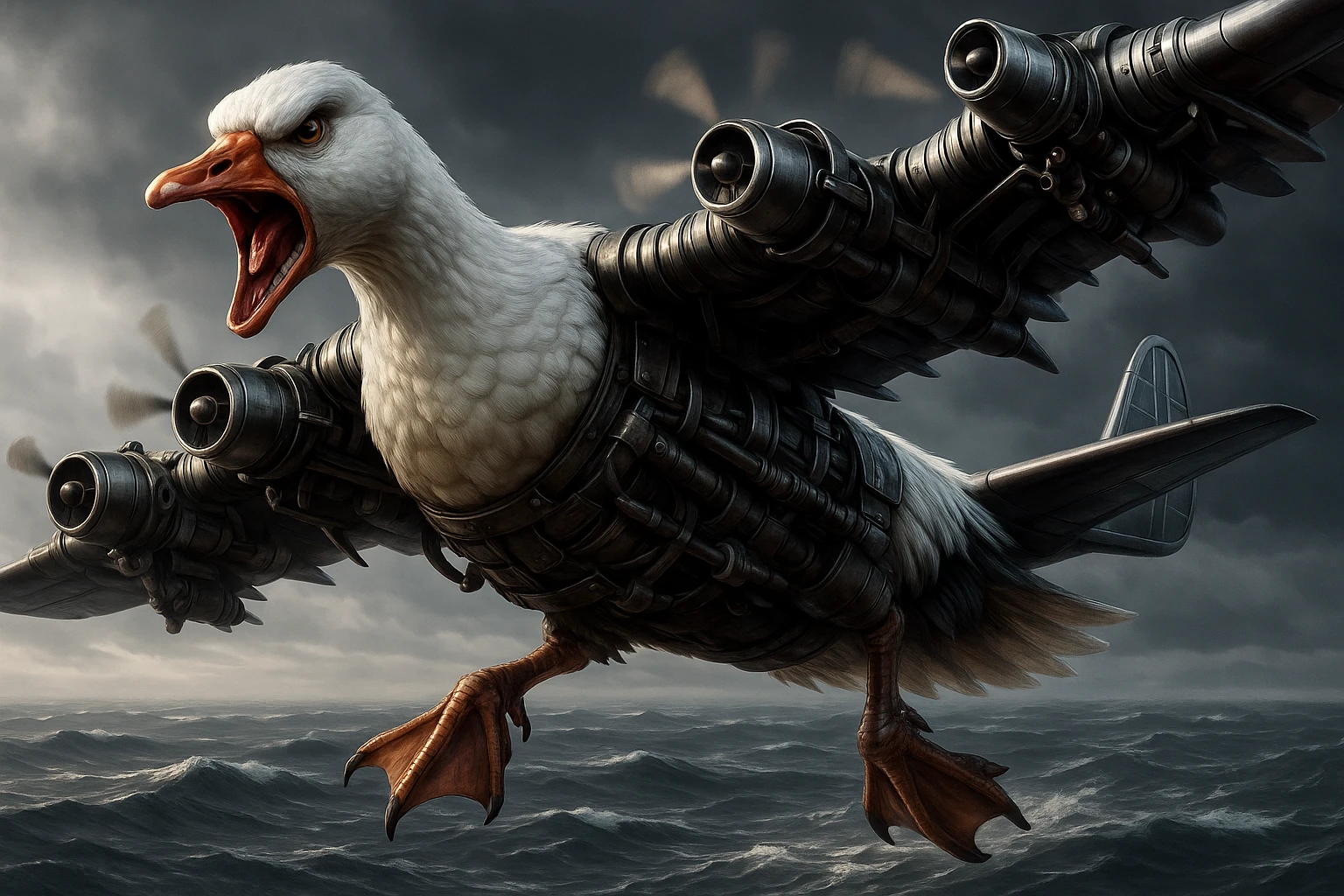 Change the expression of the goose-plane creature to angry, keeping all other details and colors the same, in a style consistent with the original image. emoji