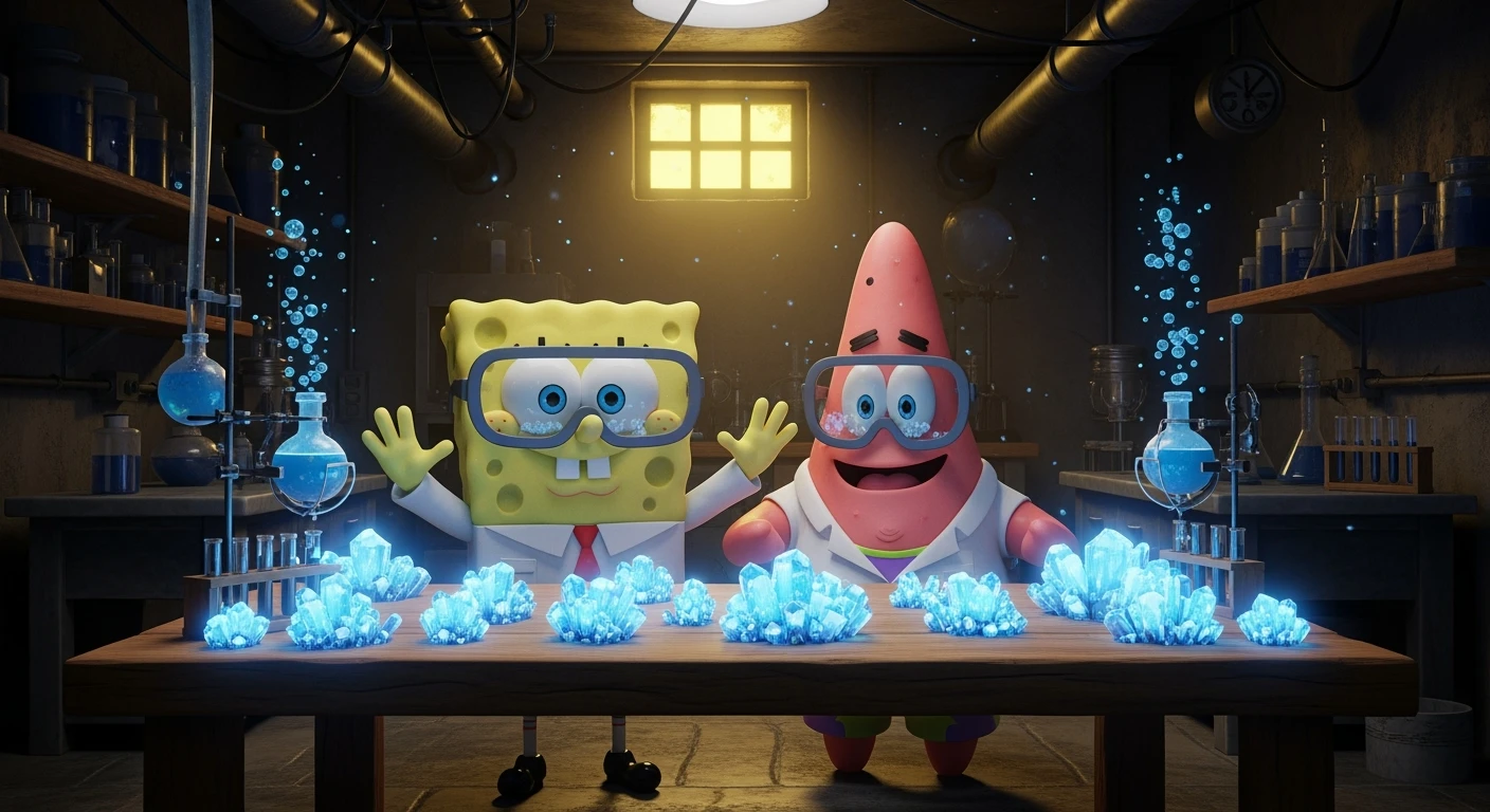 3D cienmatic cartoon shot, spongebob and patric dress in safety glasses and safe white outfit, the are standing front of table with blue crystals on table glowing (light source) science room in basement, back light, Cinema 4d render, proffesional lightning emoji
