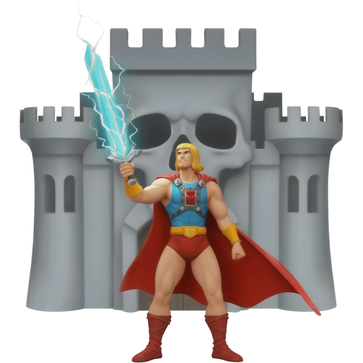 He-man in red cape holding up sword with power color shooting from sword towards sky in front of a large skull shaped gray castle emoji