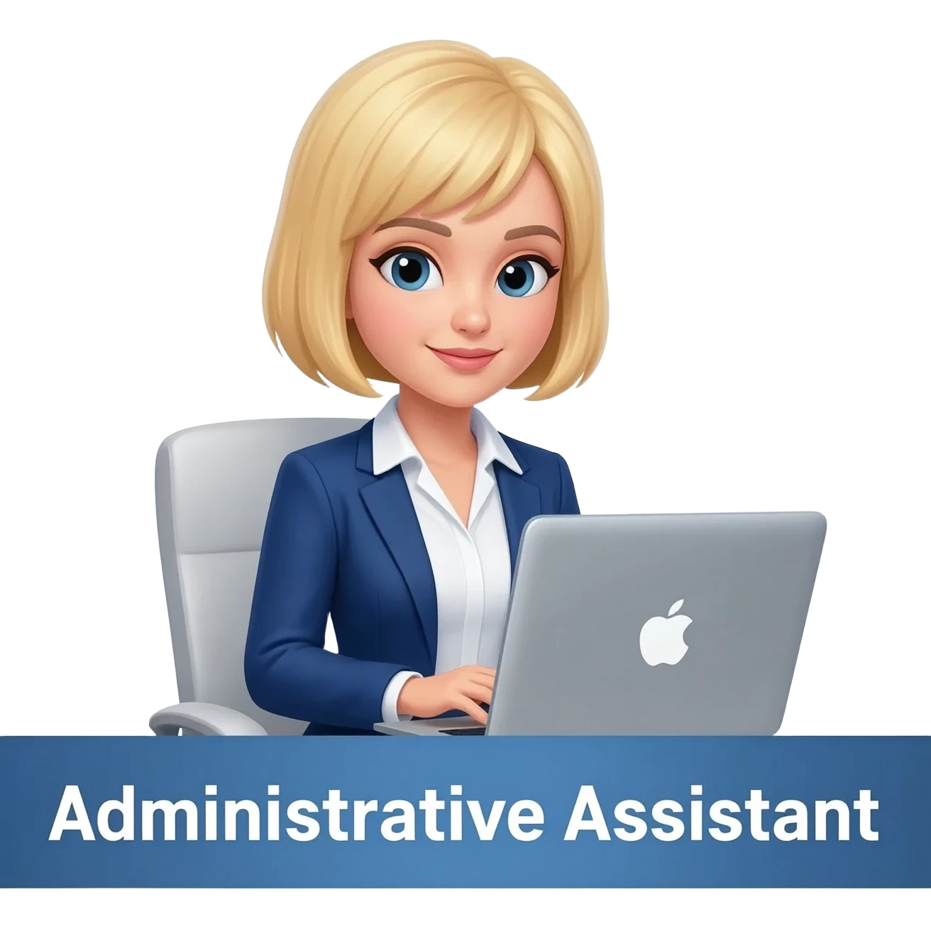 создай эмодзи девушки блонинки прическа карешка она работает на мак буком ее глдобавь рядлом надпись  "административный помощник" она в белой блузке и в голубом пиджаке emoji