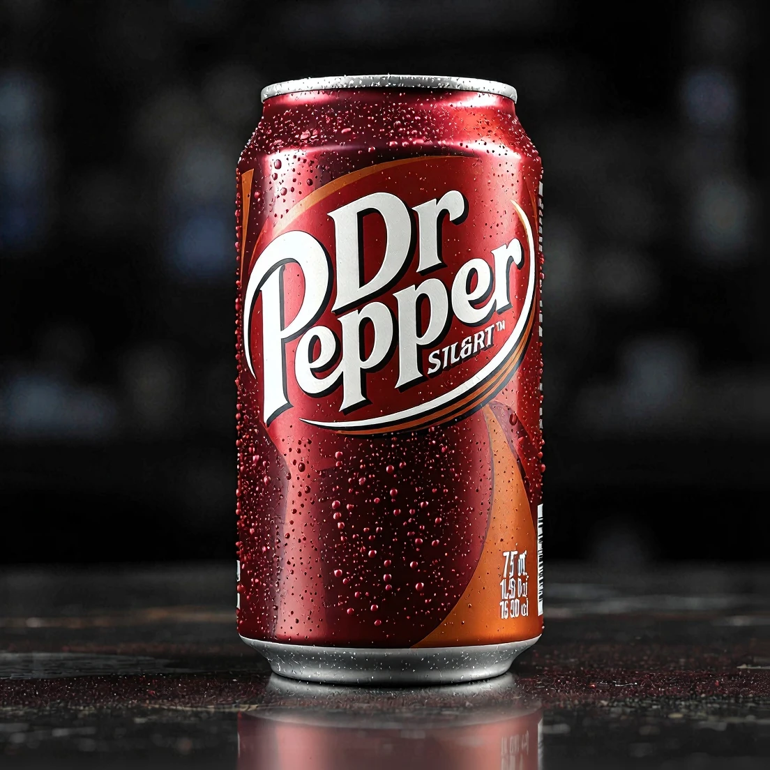 Add a vintage Dr Pepper label to this realistic soda can, keep condensation and vibrant colors. emoji