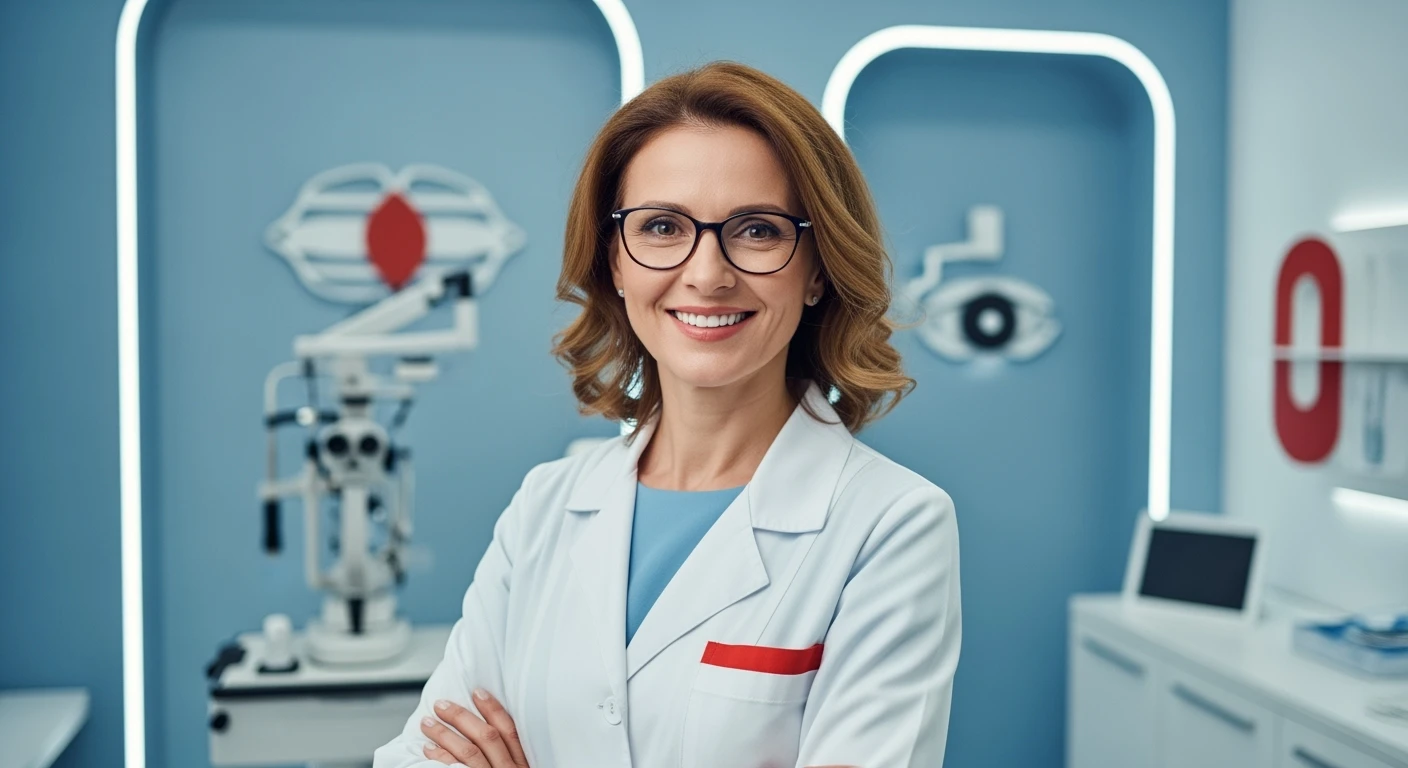Cinematic still, Proffesional advertising of a smiling european white woman with glasses smiling, minimalistic ophthalmologist interior in background, leading  lines, "rule of thirds", 60/30/10 colors, soft light, blue and red emoji