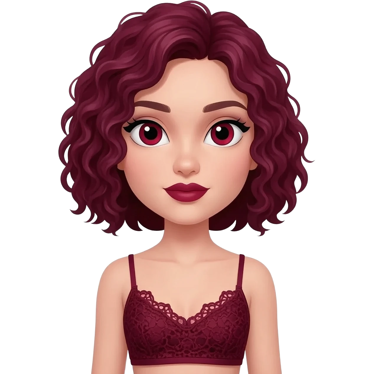 fille blanche avec une coupe de cheveux carré bordeaux cheveux bouclés, yeux bordeaux, eyeliner noir et blanc, rouge à lèvre bordeaux, et débardeur dentelles bordeaux emoji