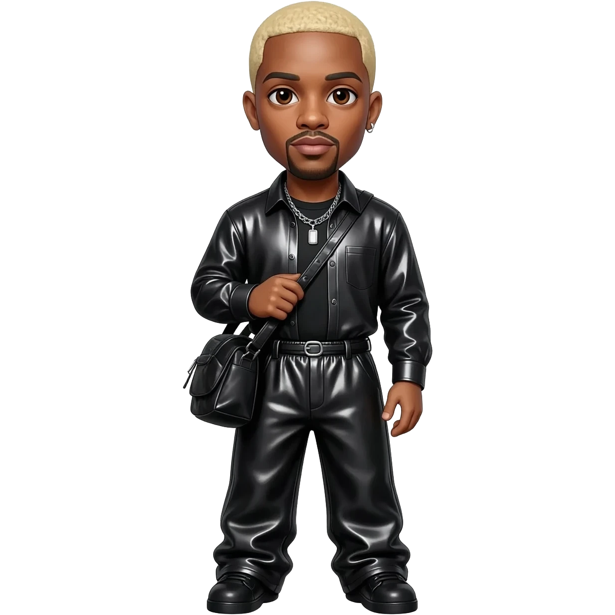 Chris Brown with brown eyes, blonde short hair, black metallic shirt, black metallic baggy pants, silver necklace emoji