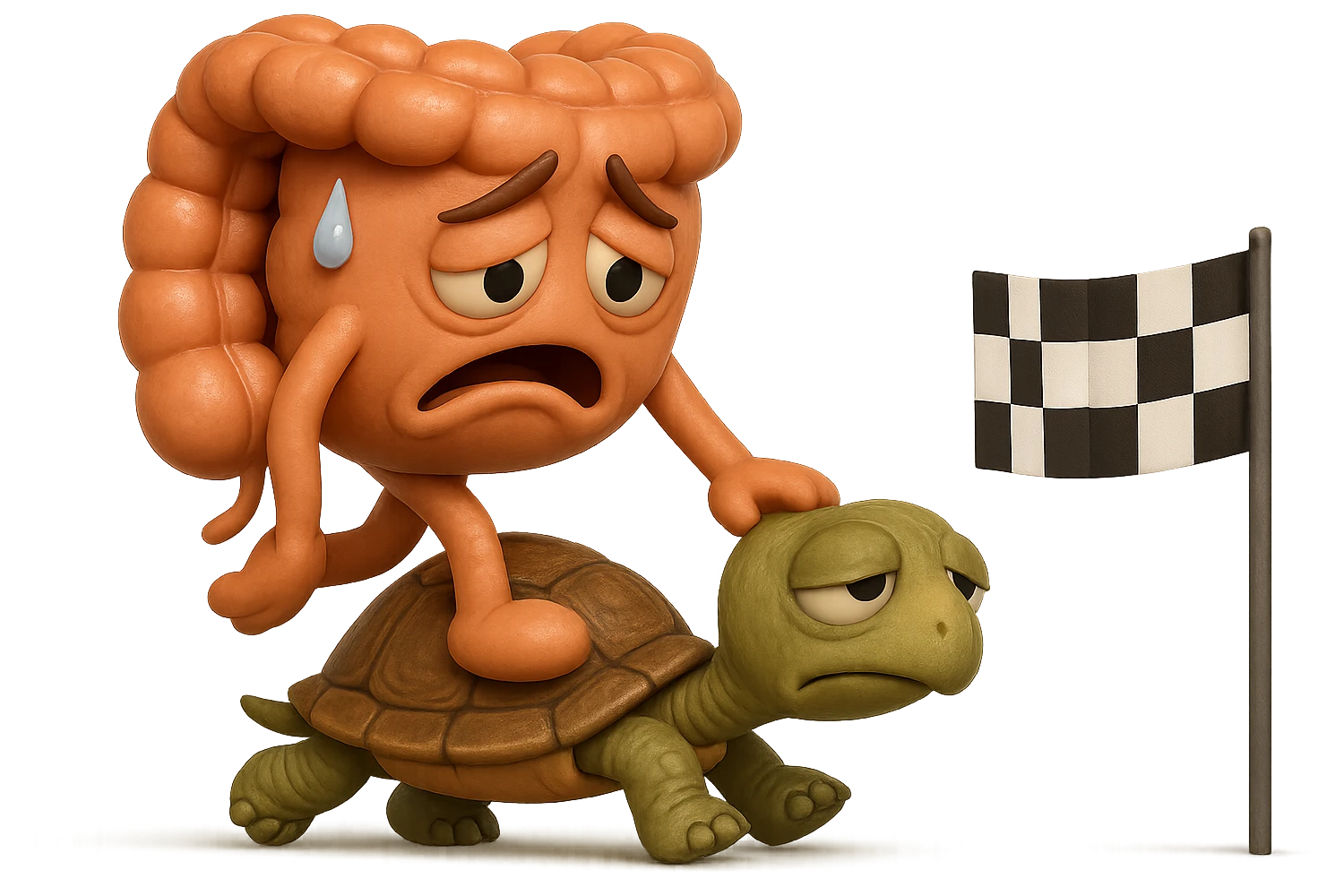 EMOJI STILE IPHONE 3D DI UN INTESTINO CON ESPRESSIONE ANGOSCIATA CHE CAMMINA SUL GUSCIO DI UNA TARTARUGA IN ATTESA ESTENUANTE DI RAGGIUNGERE UN TRAGUARDO POCO PIù AVANTI, SULLA LORO DESTRA. IL TRAGUARDO è UNA BANDIERA A DUE PIEDI CON FASCIA A SCACCHI BIANCHI E NERI. iperrealistico 4k emoji