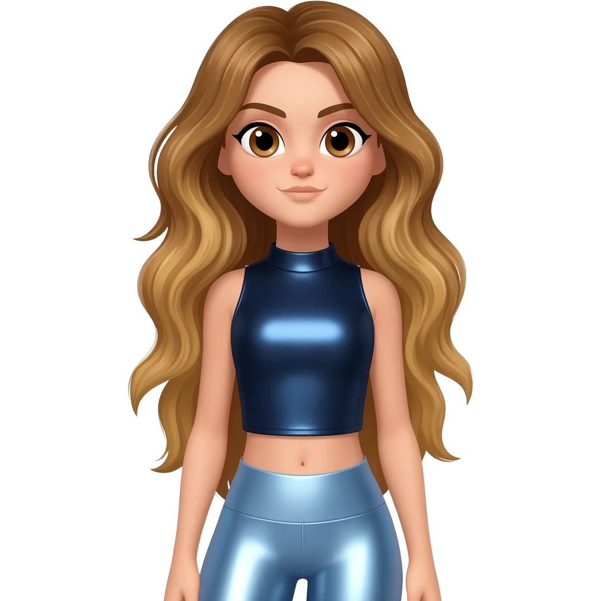 GloomyKassie with brown eyes, long golden brown hair, dark blue metallic crop top, light blue metallic leggings emoji