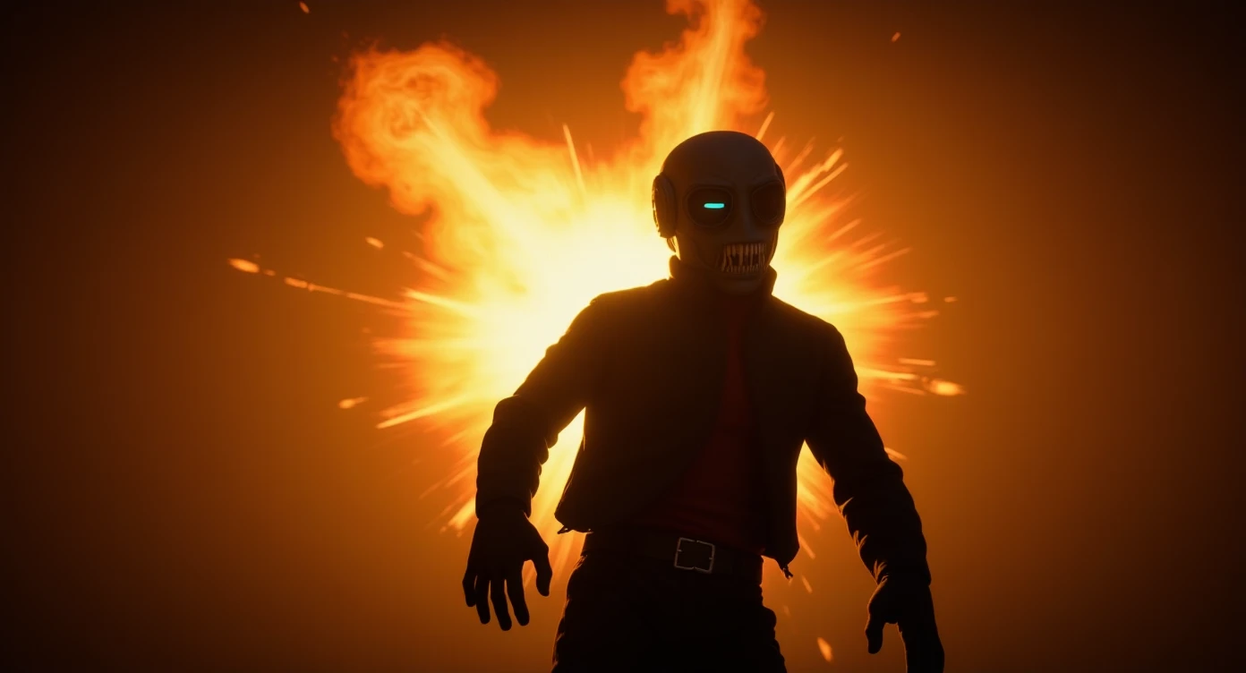 Cinematic still from "squid game" character movie, explosion in background emoji